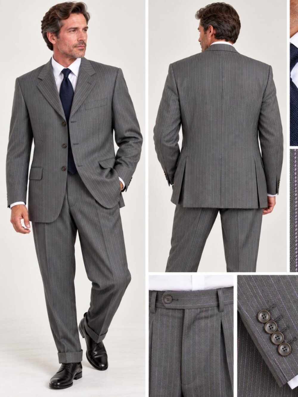 VTG Burberry London Light Charcoal Grey Pinstriped Suit Pleated Wool 42R 38x30.5